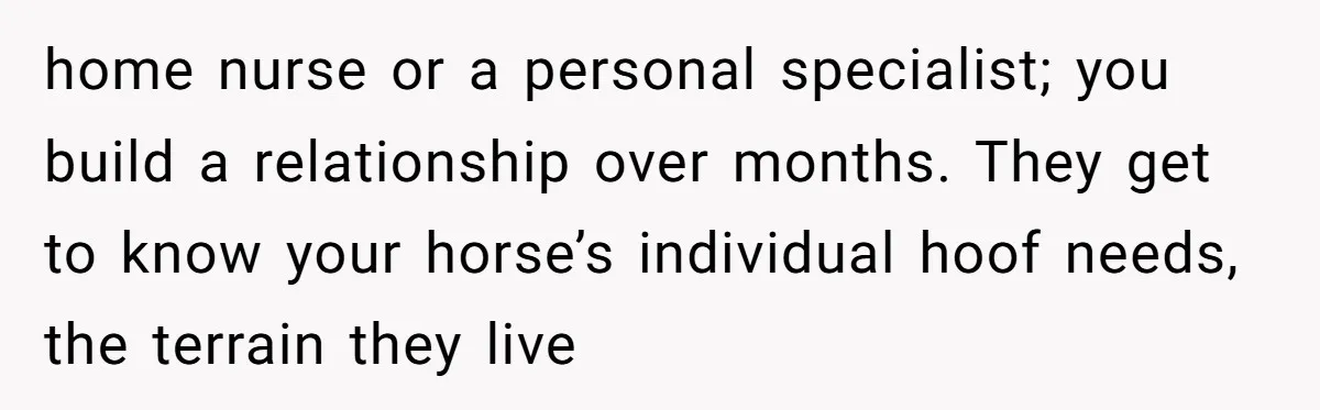 home nurse or a personal specialist; you build a relationship over months. They get to know your horse’s individual hoof needs, the terrain they live