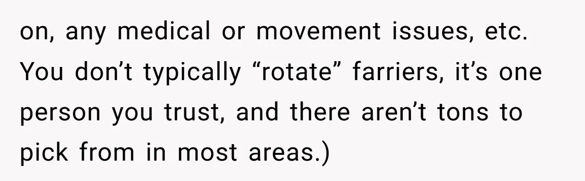 on, any medical or movement issues, etc. You don’t typically “rotate” farriers, it’s one person you trust, and there aren’t tons to pick from in most areas.)