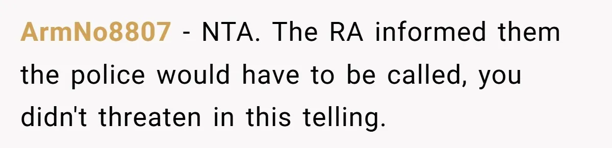 ArmNo8807 − NTA. The RA informed them the police would have to be called, you didn't threaten in this telling.