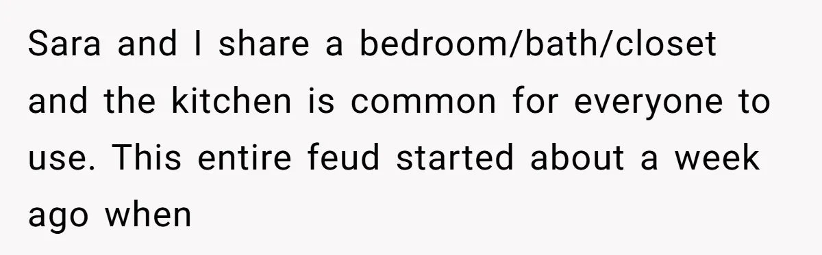 Sara and I share a bedroom/bath/closet and the kitchen is common for everyone to use. This entire feud started about a week ago when