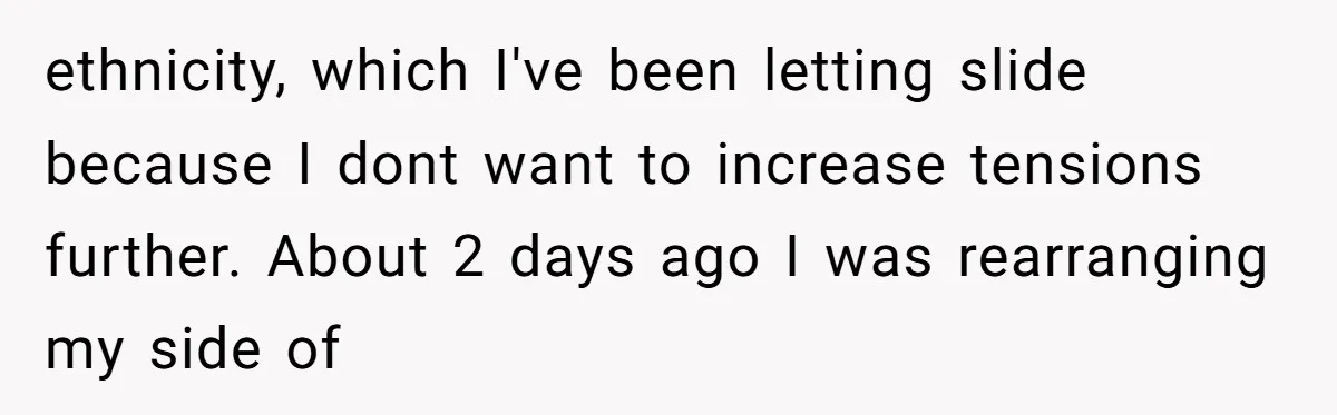 ethnicity, which I've been letting slide because I dont want to increase tensions further. About 2 days ago I was rearranging my side of