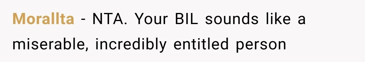 Morallta − NTA. Your BIL sounds like a miserable, incredibly entitled person
