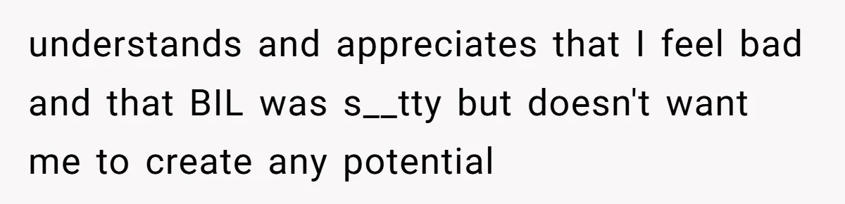 understands and appreciates that I feel bad and that BIL was s__tty but doesn't want me to create any potential