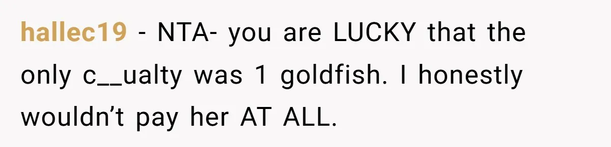hallec19 − NTA- you are LUCKY that the only c__ualty was 1 goldfish. I honestly wouldn’t pay her AT ALL.