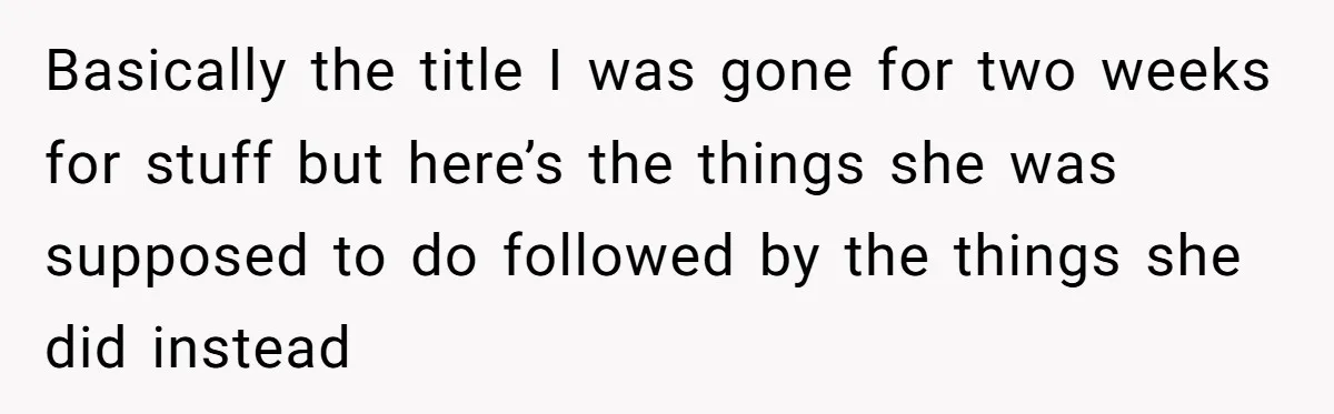 Basically the title I was gone for two weeks for stuff but here’s the things she was supposed to do followed by the things she did instead