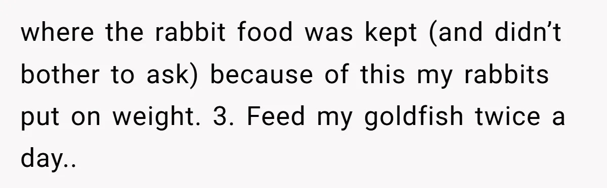 where the rabbit food was kept (and didn’t bother to ask) because of this my rabbits put on weight. 3. Feed my goldfish twice a day..