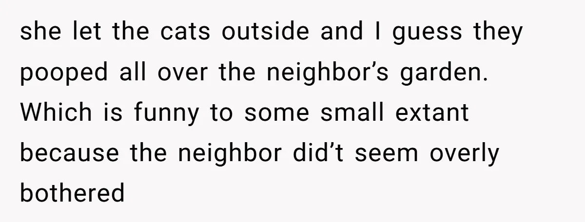 she let the cats outside and I guess they pooped all over the neighbor’s garden. Which is funny to some small extant because the neighbor did’t seem overly bothered