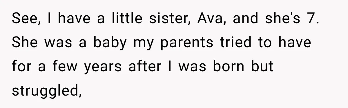 See, I have a little sister, Ava, and she's 7. She was a baby my parents tried to have for a few years after I was born but struggled,