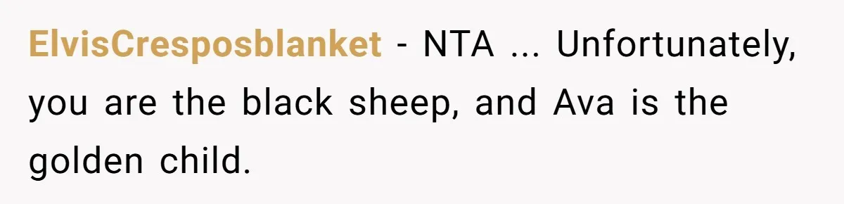 ElvisCresposblanket − NTA ... Unfortunately, you are the black sheep, and Ava is the golden child.