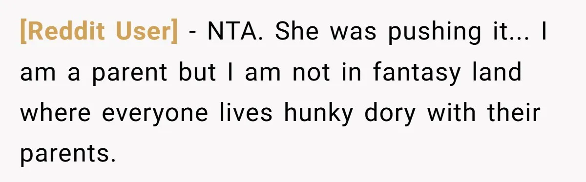 [Reddit User] − NTA. She was pushing it... I am a parent but I am not in fantasy land where everyone lives hunky dory with their parents.