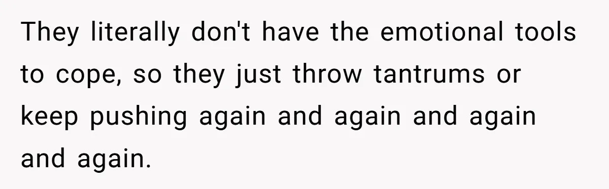 They literally don't have the emotional tools to cope, so they just throw tantrums or keep pushing again and again and again and again.