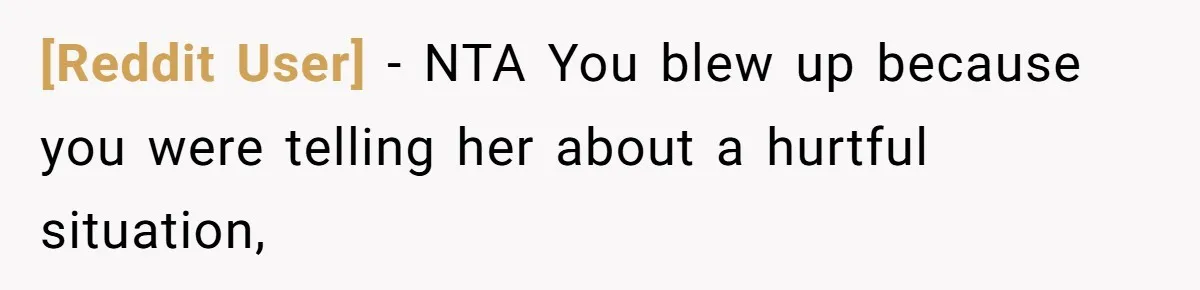 [Reddit User] − NTA You blew up because you were telling her about a hurtful situation,