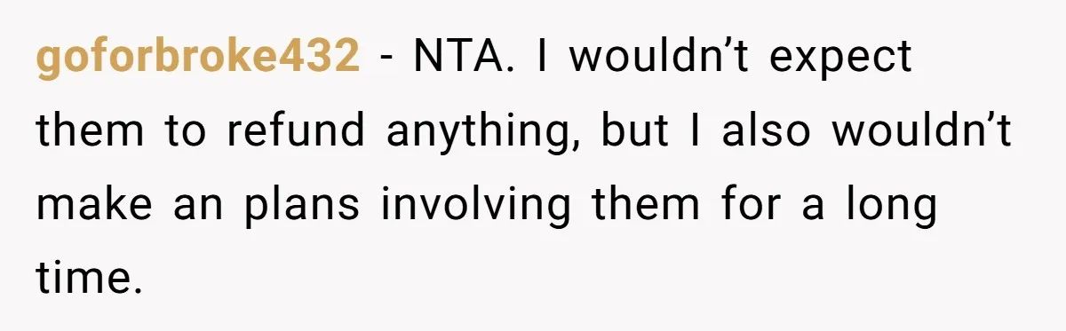goforbroke432 − NTA. I wouldn’t expect them to refund anything, but I also wouldn’t make an plans involving them for a long time.