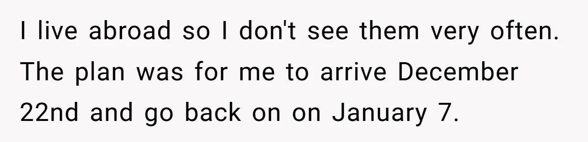 I live abroad so I don't see them very often. The plan was for me to arrive December 22nd and go back on on January 7.