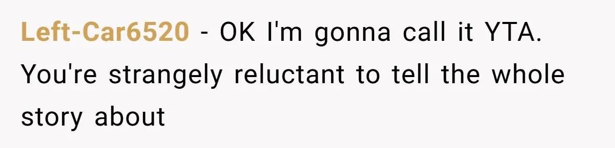 Left-Car6520 − OK I'm gonna call it YTA. You're strangely reluctant to tell the whole story about