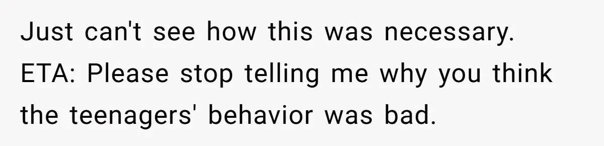 Just can't see how this was necessary. ETA: Please stop telling me why you think the teenagers' behavior was bad.