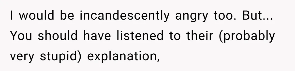 I would be incandescently angry too. But... You should have listened to their (probably very stupid) explanation,