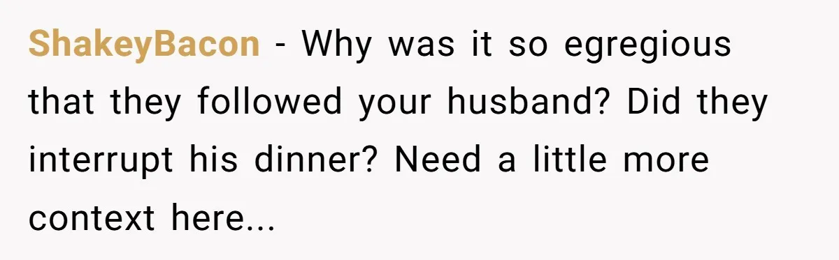 ShakeyBacon − Why was it so egregious that they followed your husband? Did they interrupt his dinner? Need a little more context here...