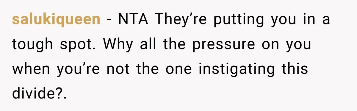 salukiqueen − NTA They’re putting you in a tough spot. Why all the pressure on you when you’re not the one instigating this divide?.