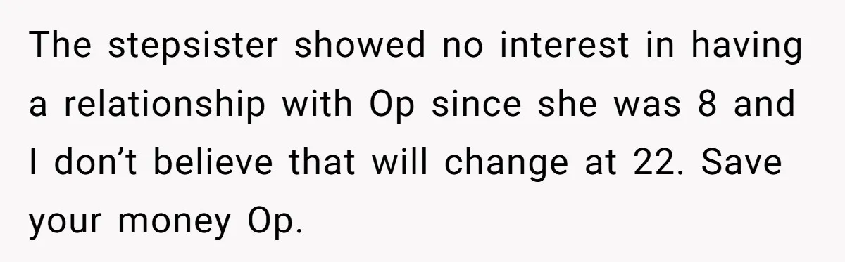 The stepsister showed no interest in having a relationship with Op since she was 8 and I don’t believe that will change at 22. Save your money Op.