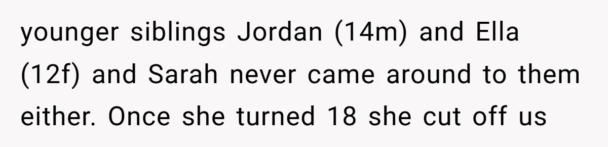 younger siblings Jordan (14m) and Ella (12f) and Sarah never came around to them either. Once she turned 18 she cut off us