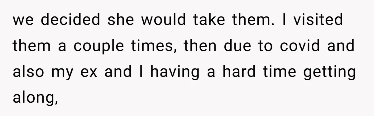 we decided she would take them. I visited them a couple times, then due to covid and also my ex and I having a hard time getting along,