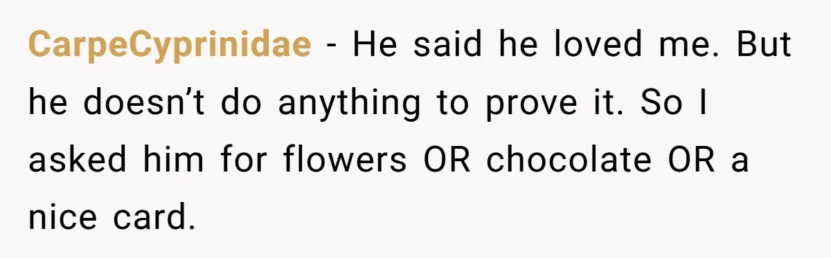 CarpeCyprinidae − He said he loved me. But he doesn’t do anything to prove it. So I asked him for flowers OR chocolate OR a nice card.