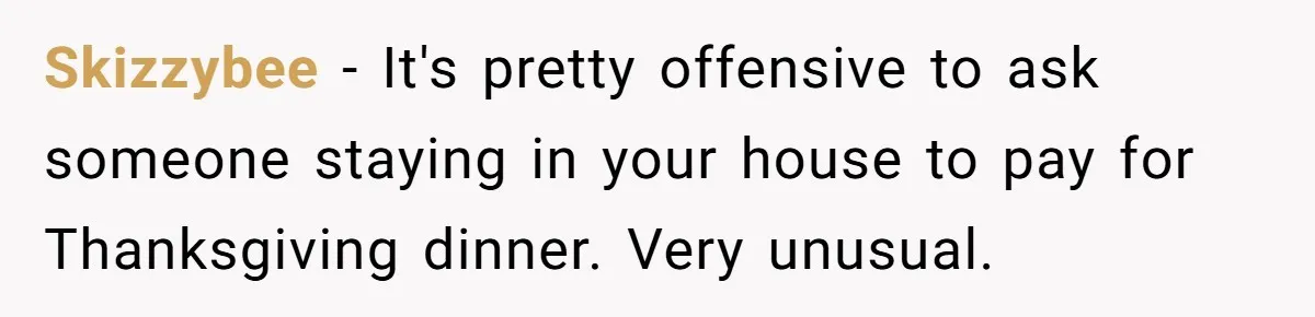 She Refuses To Pay For Meal, Boyfriend’s Family Turns Against Her Skizzybee − It's pretty offensive to ask someone staying in your house to pay for Thanksgiving dinner. Very unusual.