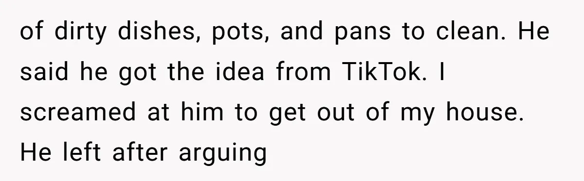of dirty dishes, pots, and pans to clean. He said he got the idea from TikTok. I screamed at him to get out of my house. He left after arguing