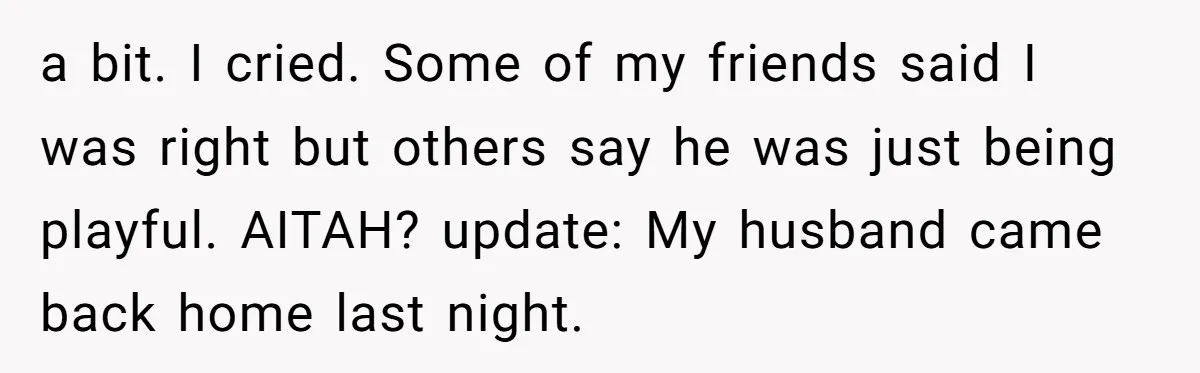 a bit. I cried. Some of my friends said I was right but others say he was just being playful. AITAH? update: My husband came back home last night.