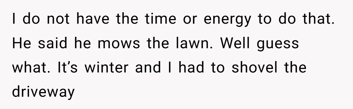 I do not have the time or energy to do that. He said he mows the lawn. Well guess what. It’s winter and I had to shovel the driveway