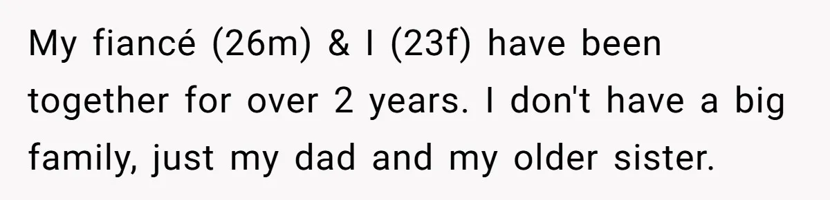 Bride Calls Fiancé Selfish After He Refuses To Let Her Dad Walk Her Down The Aisle My fiancé (26m) & I (23f) have been together for over 2 years. I don't have a big family, just my dad and my older sister.