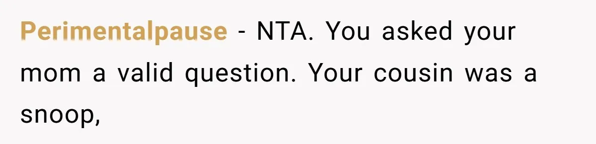 Perimentalpause − NTA. You asked your mom a valid question. Your cousin was a snoop,