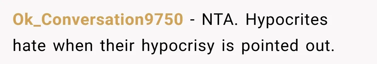 Ok_Conversation9750 − NTA. Hypocrites hate when their hypocrisy is pointed out.