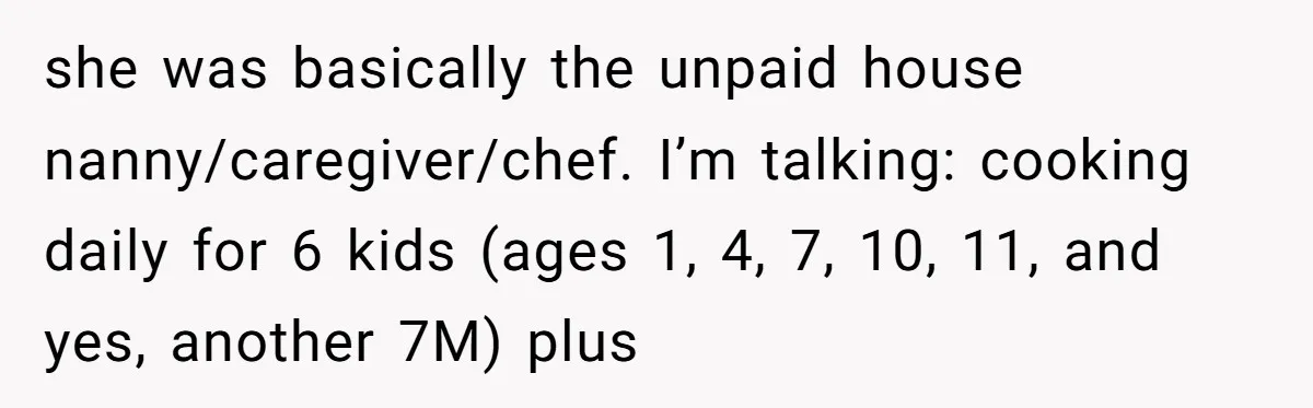 she was basically the unpaid house nanny/caregiver/chef. I’m talking: cooking daily for 6 kids (ages 1, 4, 7, 10, 11, and yes, another 7M) plus