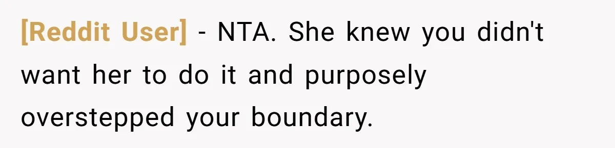 [Reddit User] − NTA. She knew you didn't want her to do it and purposely overstepped your boundary.