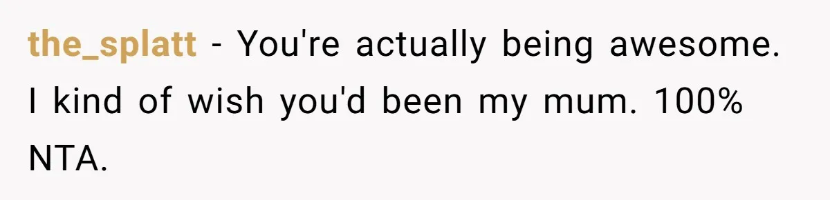 the_splatt − You're actually being awesome. I kind of wish you'd been my mum. 100% NTA.