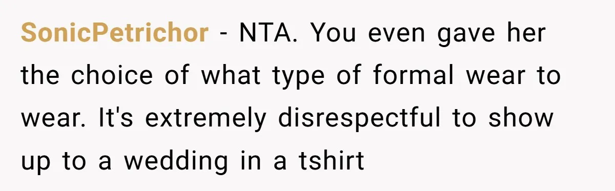SonicPetrichor − NTA. You even gave her the choice of what type of formal wear to wear. It's extremely disrespectful to show up to a wedding in a tshirt