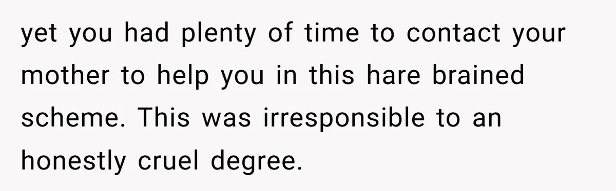 yet you had plenty of time to contact your mother to help you in this hare brained scheme. This was irresponsible to an honestly cruel degree.