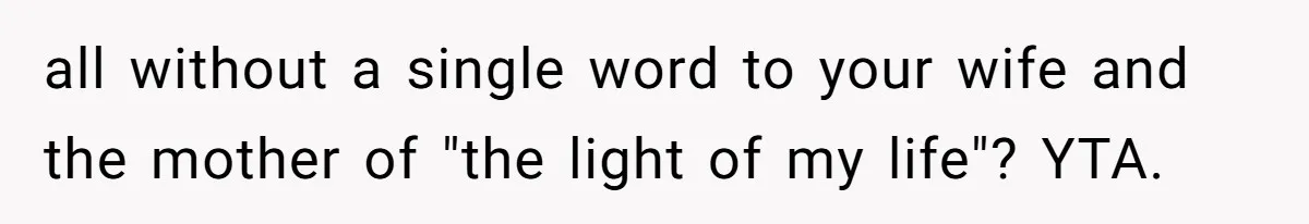 all without a single word to your wife and the mother of "the light of my life"? YTA.