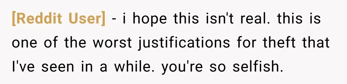 [Reddit User] − i hope this isn't real. this is one of the worst justifications for theft that I've seen in a while. you're so selfish.