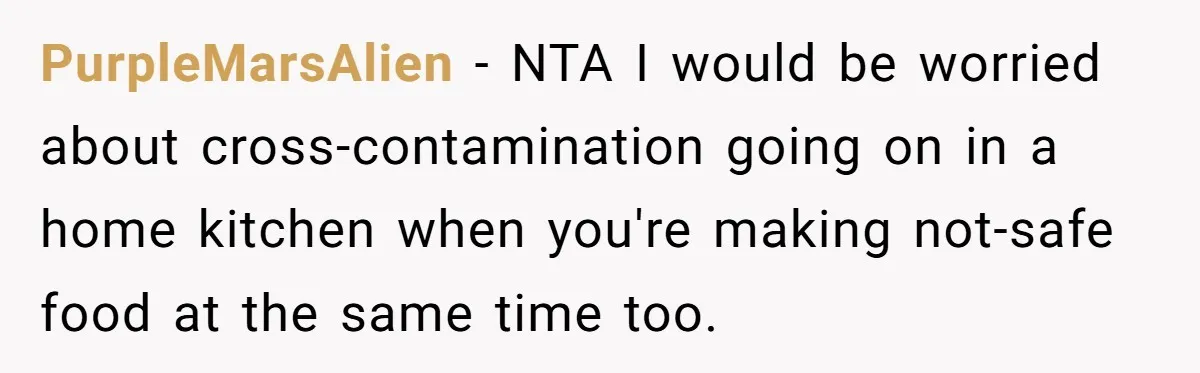 PurpleMarsAlien − NTA I would be worried about cross-contamination going on in a home kitchen when you're making not-safe food at the same time too.