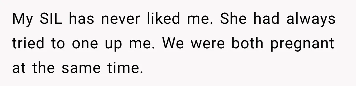 My SIL has never liked me. She had always tried to one up me. We were both pregnant at the same time.