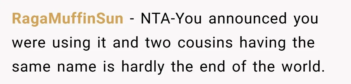 RagaMuffinSun − NTA-You announced you were using it and two cousins having the same name is hardly the end of the world.
