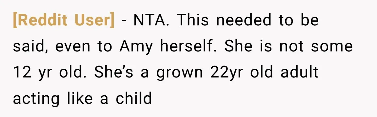 [Reddit User] − NTA. This needed to be said, even to Amy herself. She is not some 12 yr old. She’s a grown 22yr old adult acting like a child