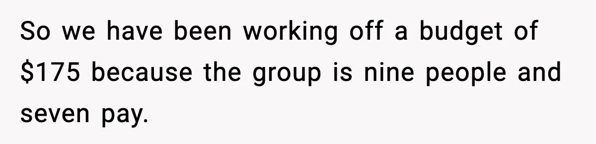 Woman Faces Backlash For Serving Smaller Portions After Guest Overeats And Strains Her Budget So we have been working off a budget of $175 because the group is nine people and seven pay.