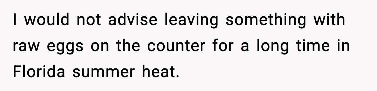 Woman Faces Backlash For Serving Smaller Portions After Guest Overeats And Strains Her Budget I would not advise leaving something with raw eggs on the counter for a long time in Florida summer heat.