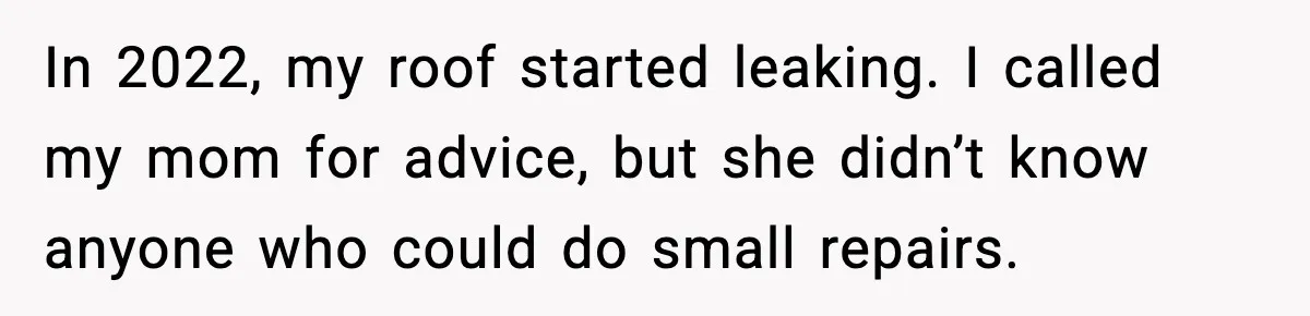 In 2022, my roof started leaking. I called my mom for advice, but she didn’t know anyone who could do small repairs.