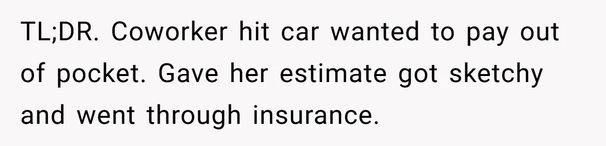 TL;DR. Coworker hit car wanted to pay out of pocket. Gave her estimate got sketchy and went through insurance.