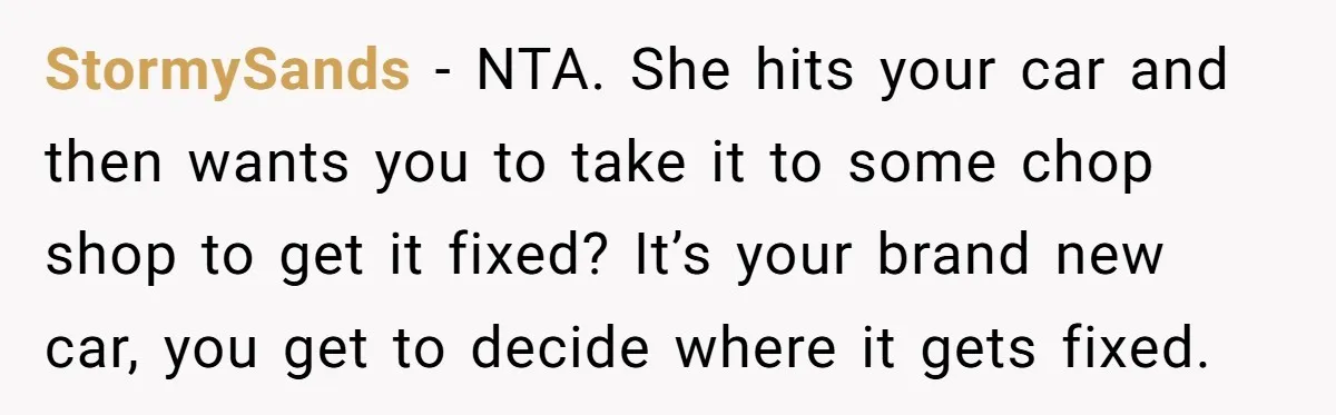 StormySands − NTA. She hits your car and then wants you to take it to some chop shop to get it fixed? It’s your brand new car, you get to...